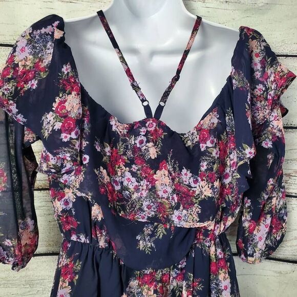 Maurices Women’s S Floral Cold Shoulder Dress Navy Pink Ruffle Off Shoulder Halt - Picture 8 of 12